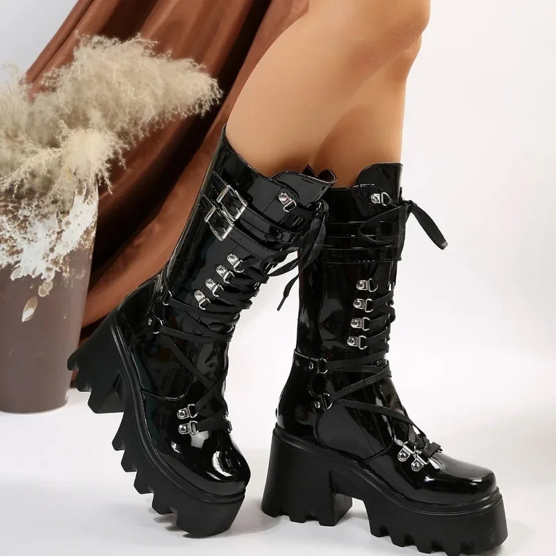 Winter 2026 New Women's Fashion Mid Tube Boots Lace Up High Platform Wedge Boots New Women's Fashion Solid Color Boots boots_platform