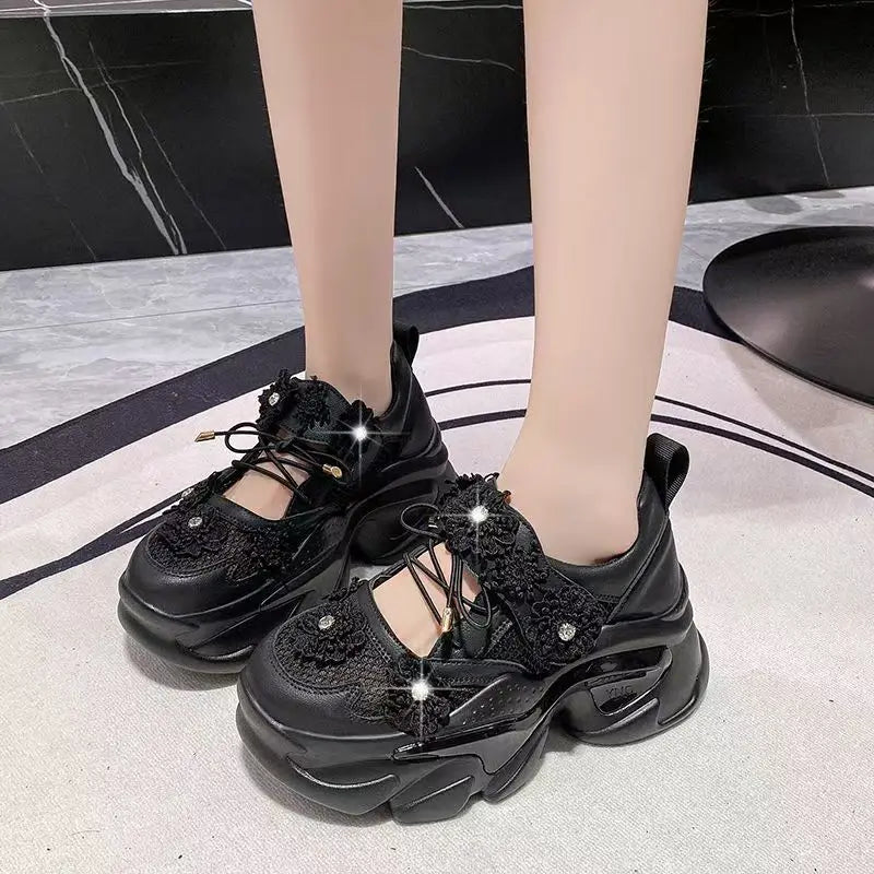 2025 Women's Air Mesh Sport Shoes Breathable Lace-Up Thick Heels Summer Hollow Motorcycle-Style Platform Wedge Ladies' Footwear sneakers_platform