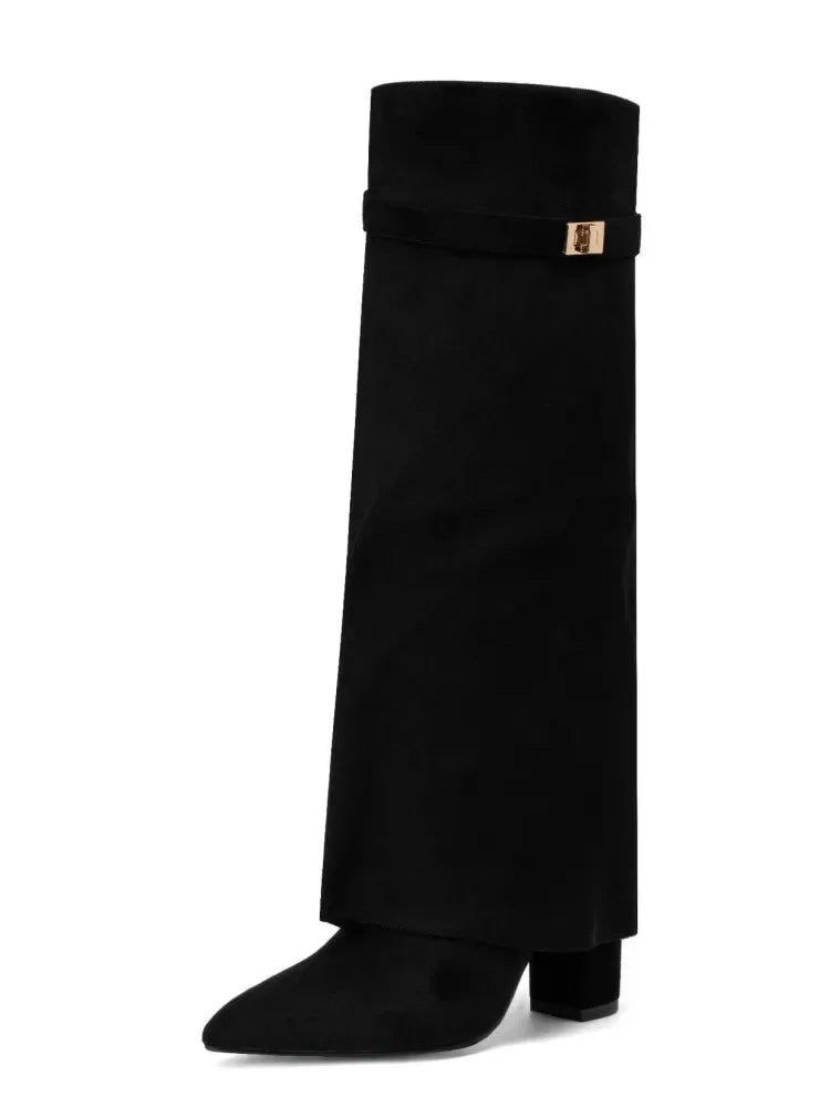 Autumn And Winter New Pointed Metal Buckle Knee High Women's Boots Thick High-heeled Pants Boots Ladies Fashion Mid Leg Boots boots_highheel