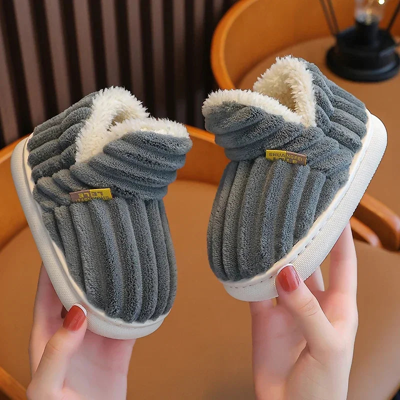 New Winter Concise Stripe Plush Slippers Children's Non-slip Soft Sole Kids Boys Girls Heel Wrap Warm High Home Cotton Shoes kids_shoes