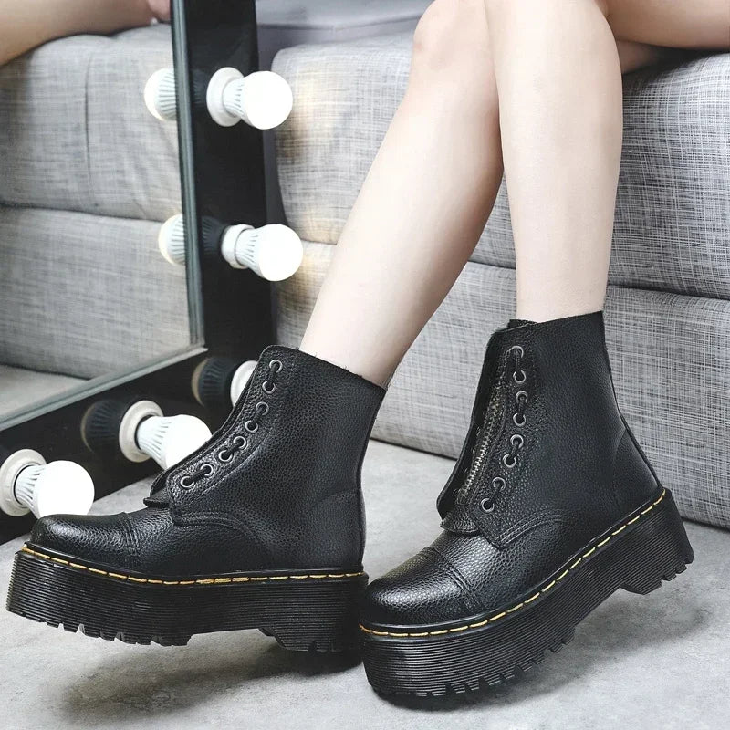 Women Boots Genuine Leather Platform Boots Motorcycle Shoes Front Zipper Optical Soles Fashion Sexy Punk Men Winter Boots 35-44 boots_platform