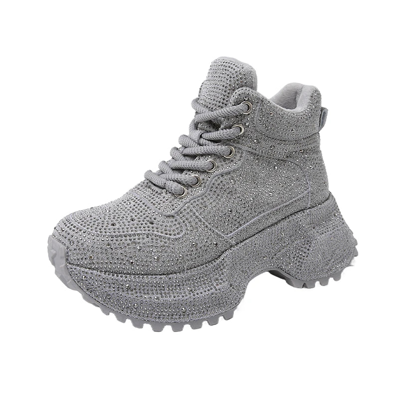 7CM Winter Women Shiny Rhinestones Shoes Casual Plush High Top Sneakers Women Stylish Sport Shoes Lace-Up Platform Luxury  sneakers_platform