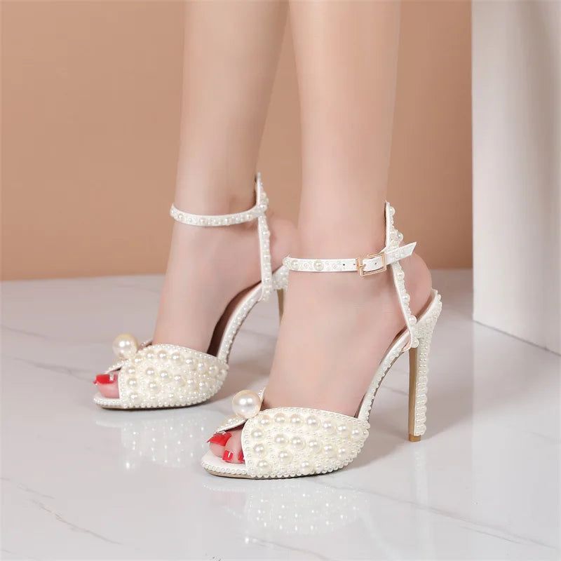 2025 Autumn New Fish Mouth High Heels Slim Heels Shallow Mouth Water Diamond Pearl Women's Single Shoes Wedding Wedding Shoes heels_bridal