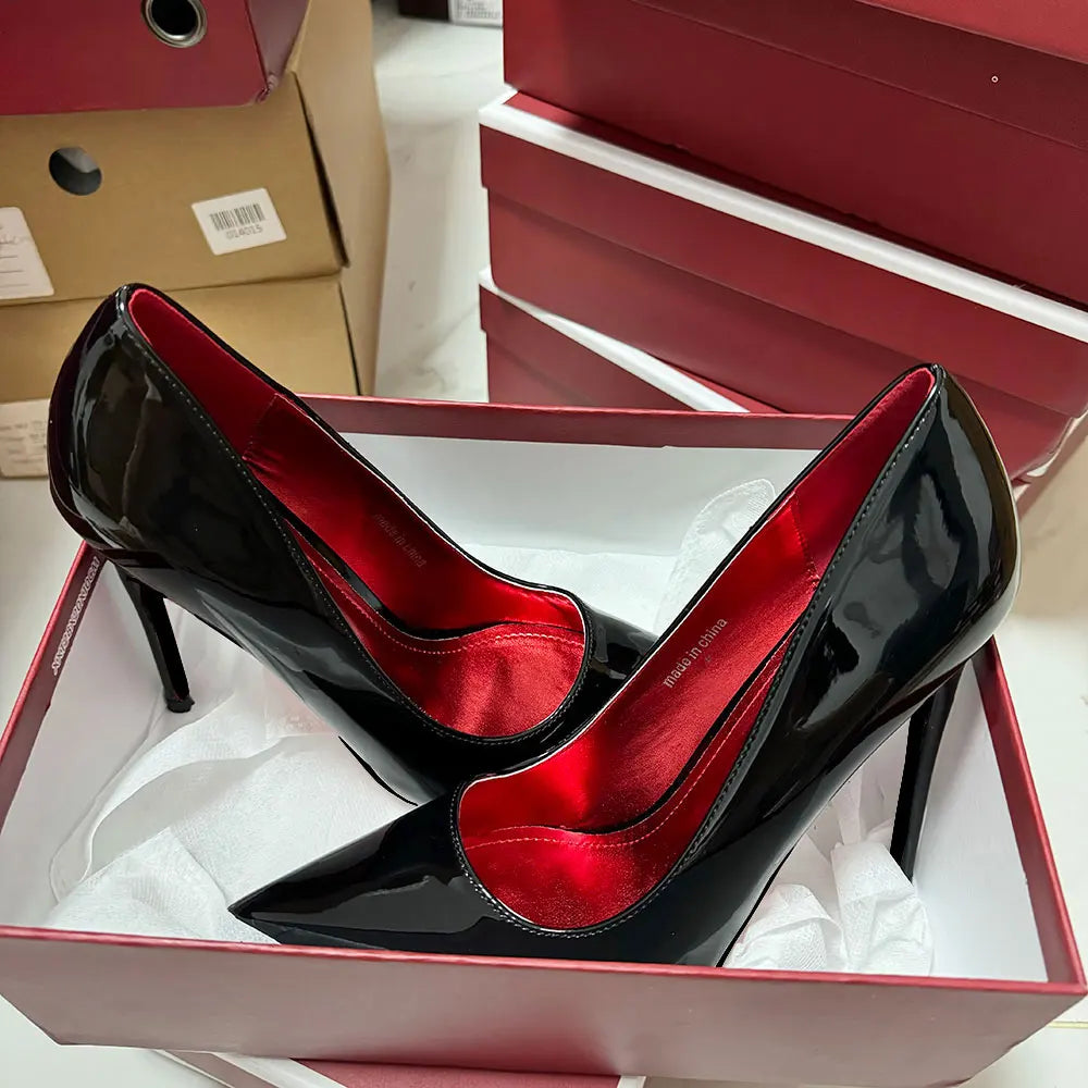 Newly 12cm Women Sexy Glossy Black Patent Pumps Shallow Stilettos Elegant Slip On High Heels Pointed Toe Party Woman Dress Shoes heels_stiletto