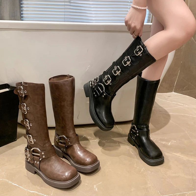 Woman Boots Knee High Platform Elegant Low Heel Trend Punk Gothic New Rock Leather Fashion Women's Shoes Motorcycle Footwear boots_platform