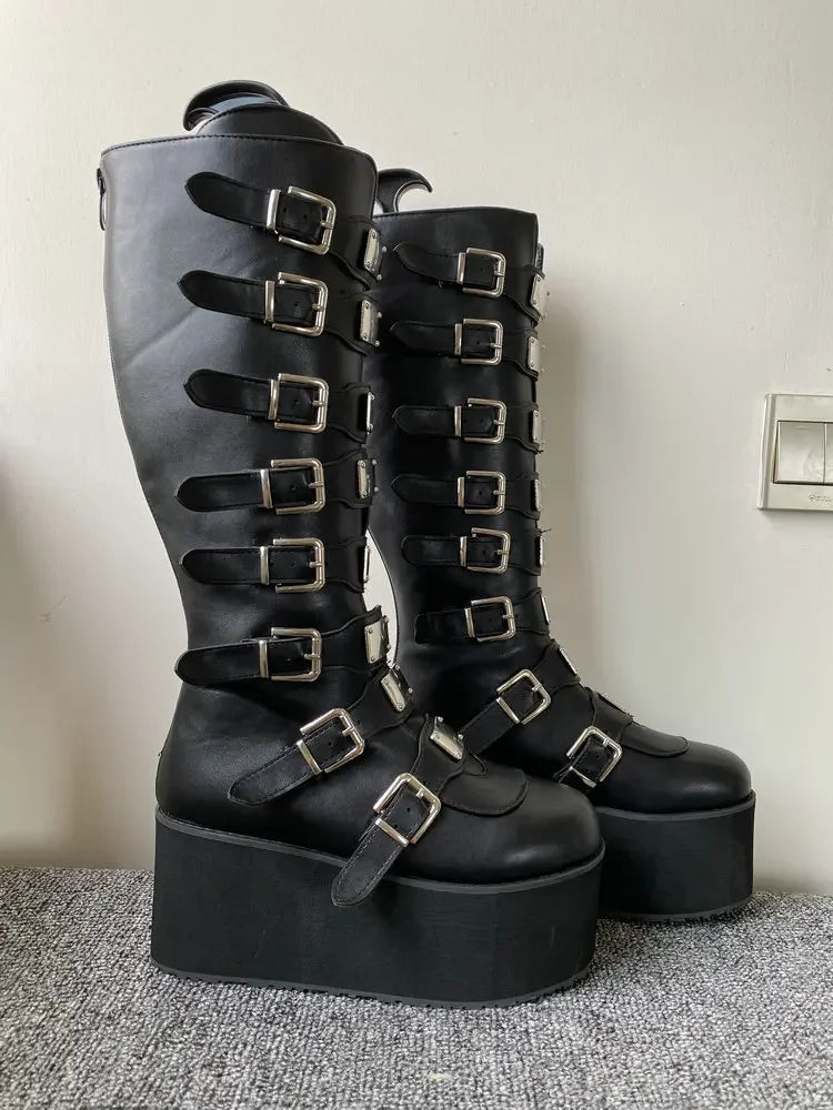 Women Boots Cosplay Ladies High Heel Platform Wedges Women High Boots Gothic Buckle Strap Long Tube Leather Female Boots Plus Si boots_platform