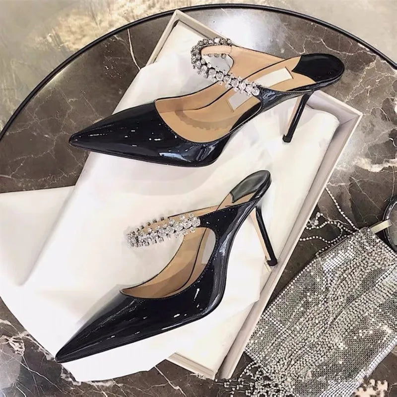 2025 Summer New High-heeled Stiletto Pointed Rhinestone Slippers Women's Outer Wear One-word with Baotou Half Drag Muller Shoes heels_bridal