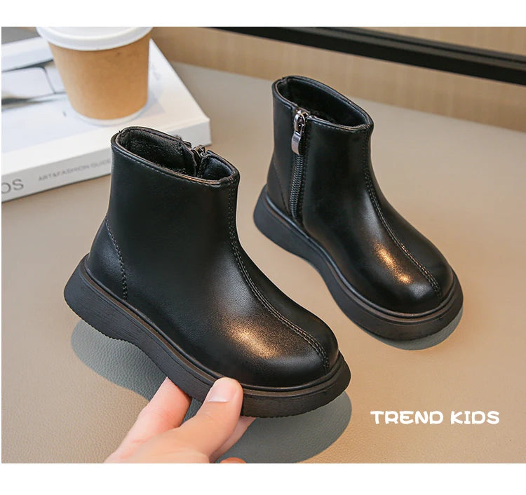 Children Fashion Boots Simple Girls Ankle Boot Black Kids Short Leather Boots Side Zipper Thick Bottom Autumn Winter 2024 New kids_shoes