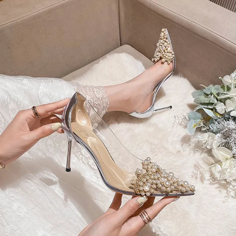 Women's Single Shoes Summer New Ultra High Heels Pointed Pearl Transparent Shallow Heels Fashion Temperament Stiletto Sandals heels_bridal