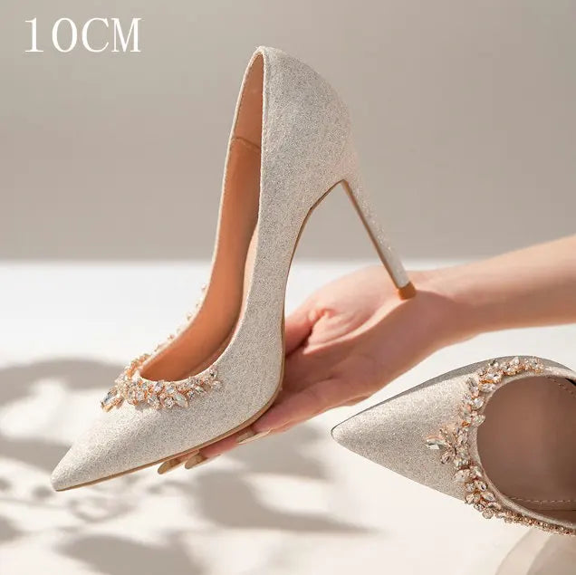 2025 New French Stiletto Heels Pointy Head Shallow Mouth Shoes Rhinodiamond-Edged Korean Version White Crystal Wedding Pumps heels_stiletto