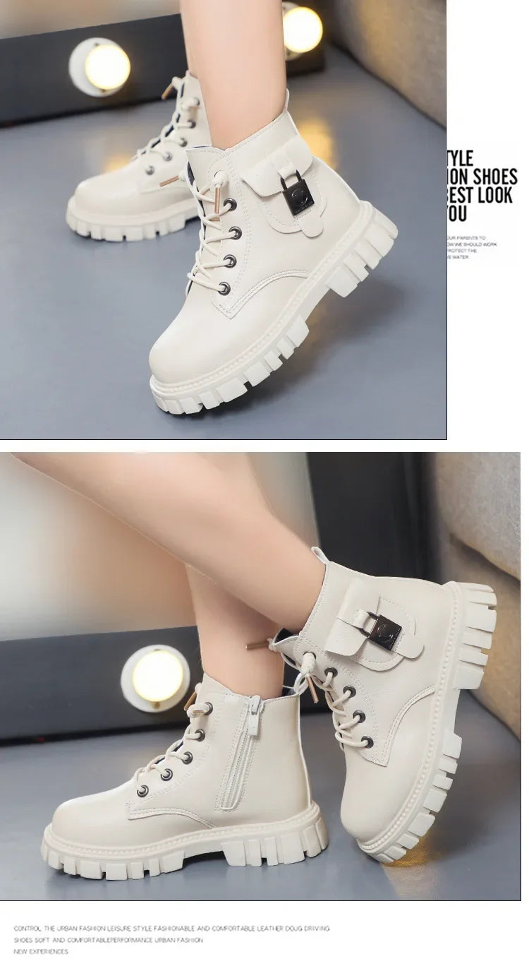 Children Leather Boots Girls Fashion Autumn Winter New Casual Comfortable Short Boots Warm Kids Versatile Anti-slip Cotton Boots