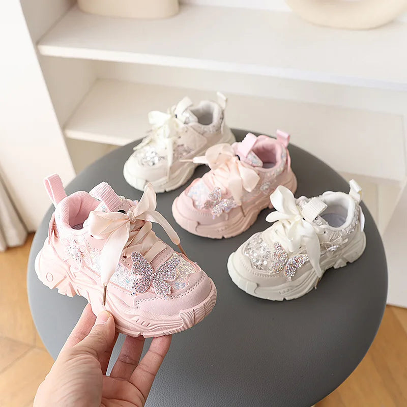 1-6Y New Girls' Sports Shoes Anti Slip Soft Sole Sequin Shinny Butterfly Cute Tennis Running Shoes Princess Shoes for Baby Girls kids_shoes