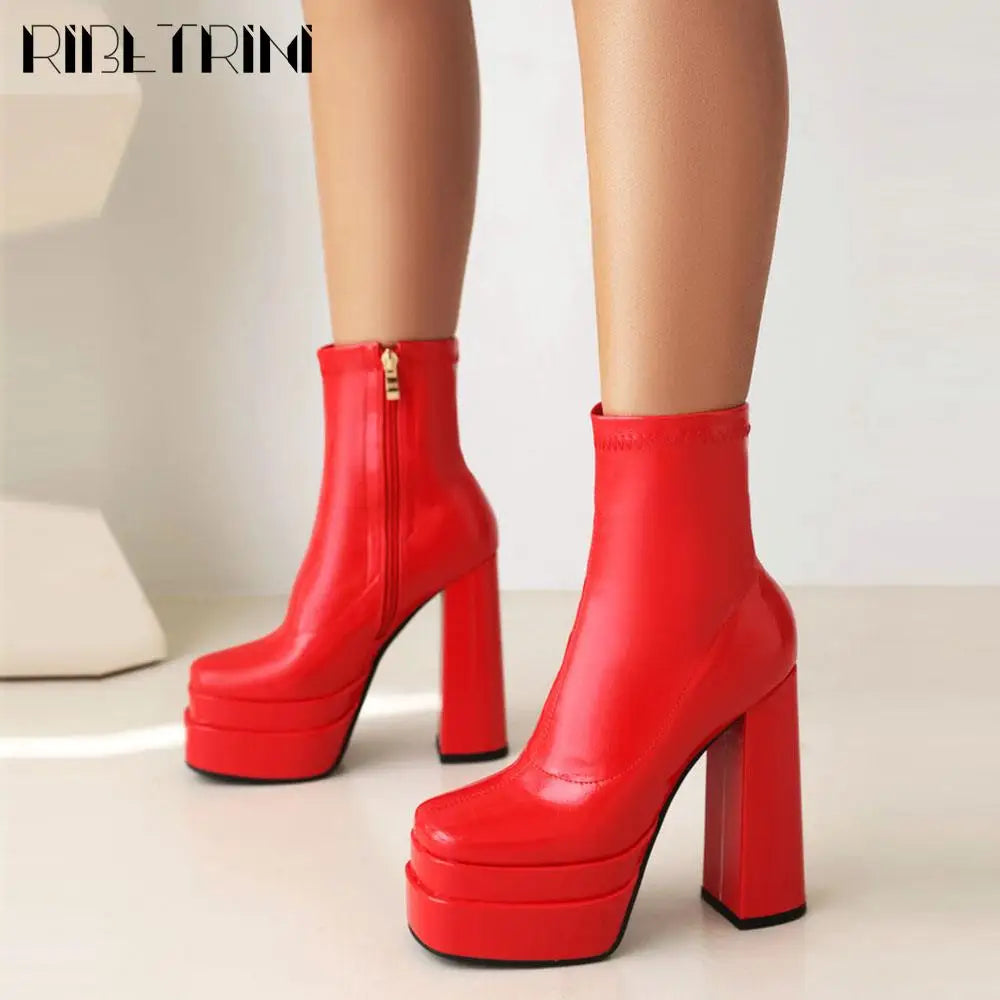 High Heeled Women Boots Square Toe Zipper Ankle Platform Shoes Cool Fashion Punk Gothic New Brand Winter Elastic Boots Woman boots_platform