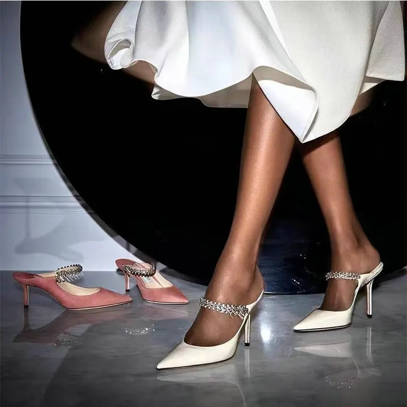 2025 Summer New High-heeled Stiletto Pointed Rhinestone Slippers Women's Outer Wear One-word with Baotou Half Drag Muller Shoes heels_bridal