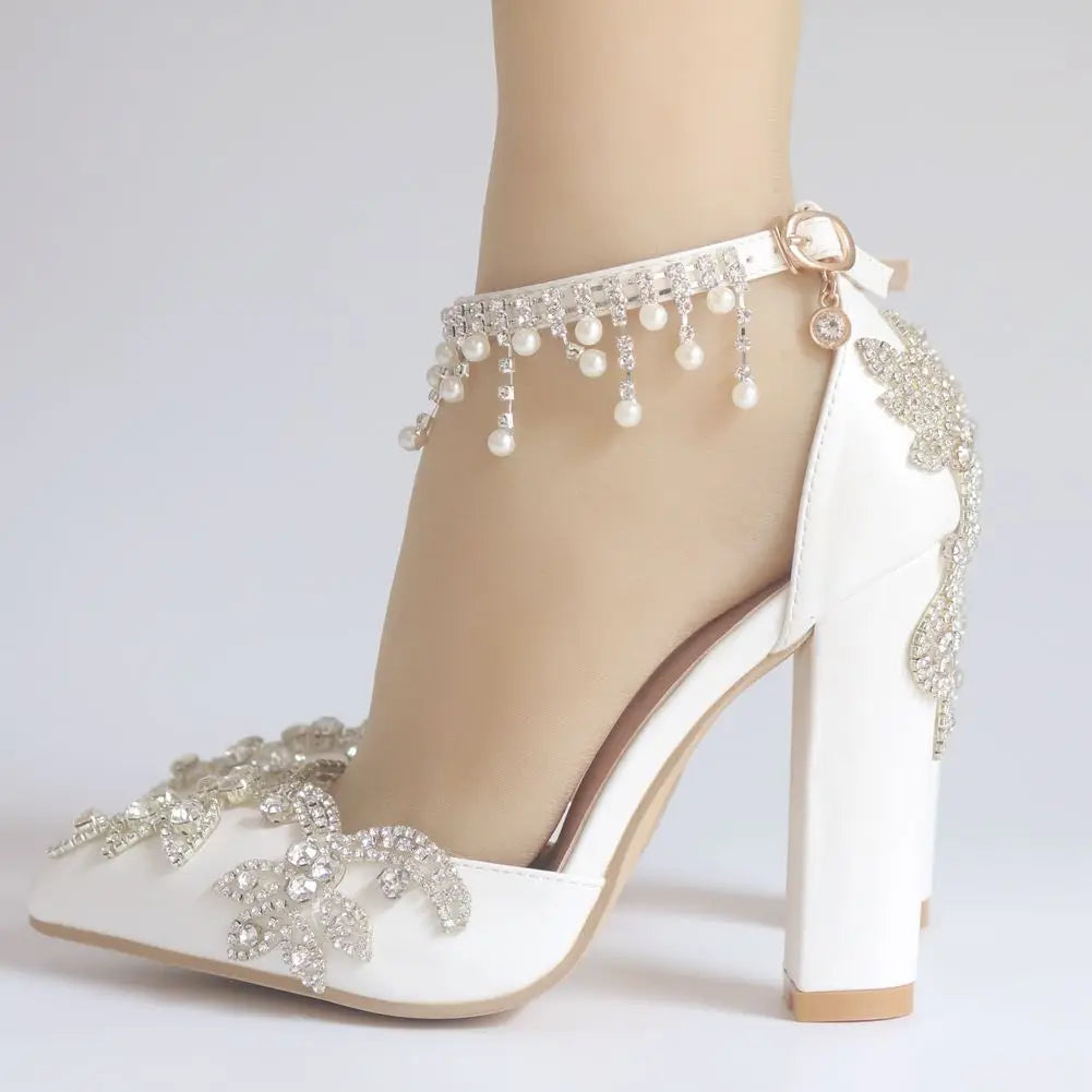 10CM White Pointed Crystal Wedding Shoes Thick Heel Ultra-high Heel Bridal Shoes One-line Buckle Strap Tassel Rhinester Women heels_stiletto