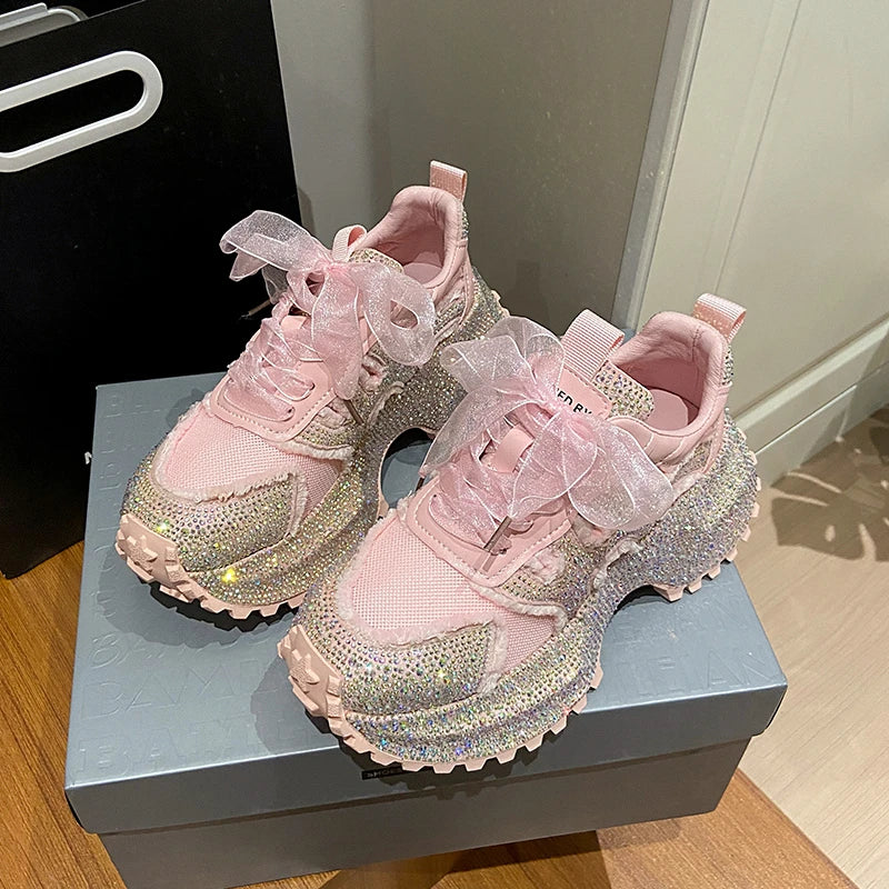 Women's Sneakers Lace-Up High Heel Platform Crystal Working Shoes Wearing Night Running Shoes Star Dazzling Diamond Shoes sneakers_platform