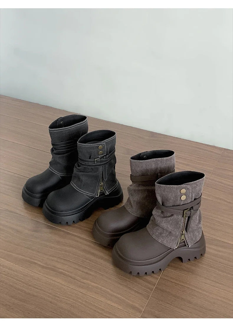 Winter Punk Style Women Pipe Ankle Boots Fashion Belt Buckle Shoes Ladies Concise Platform Heel Short Booties Zapatos De Mujer boots_platform