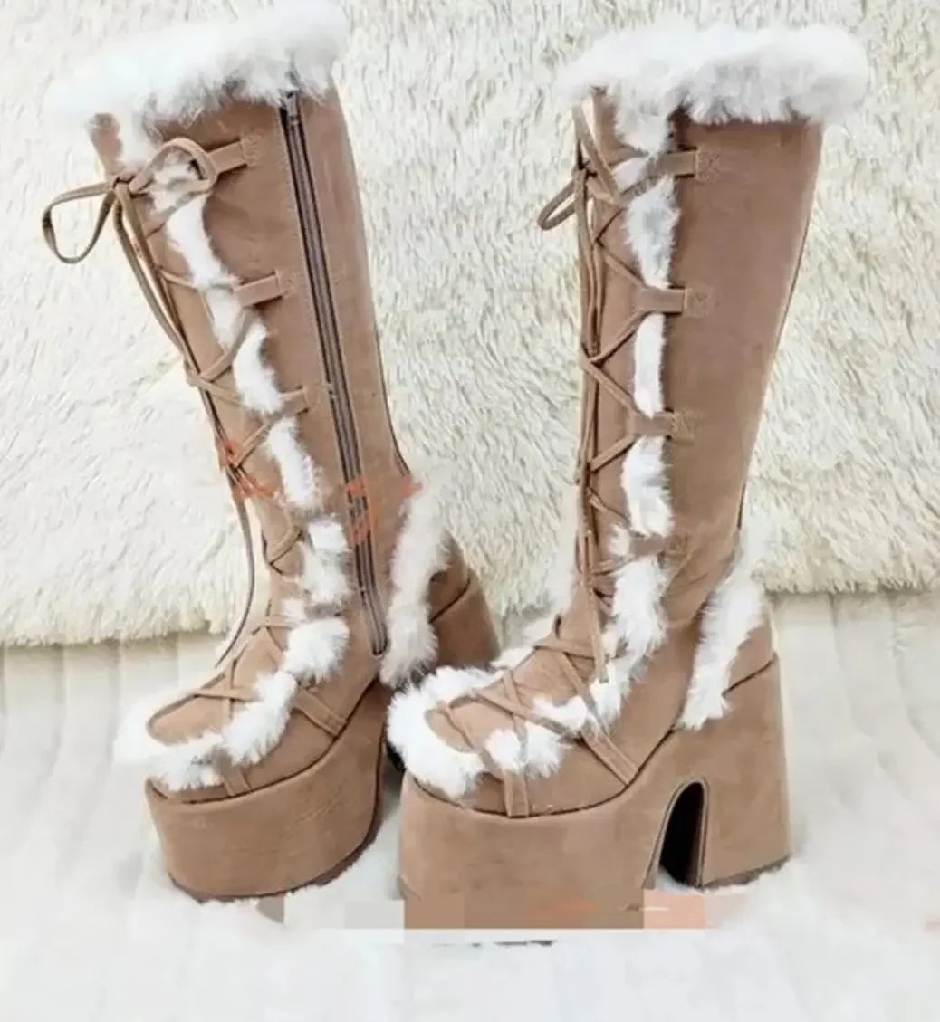 New Winter Women Snow Boots Platform Wedge High Heel Faux Fur Lady Shoes Female Plush Warm Non-slip Mid Calf Boots Goth Shoes boots_platform