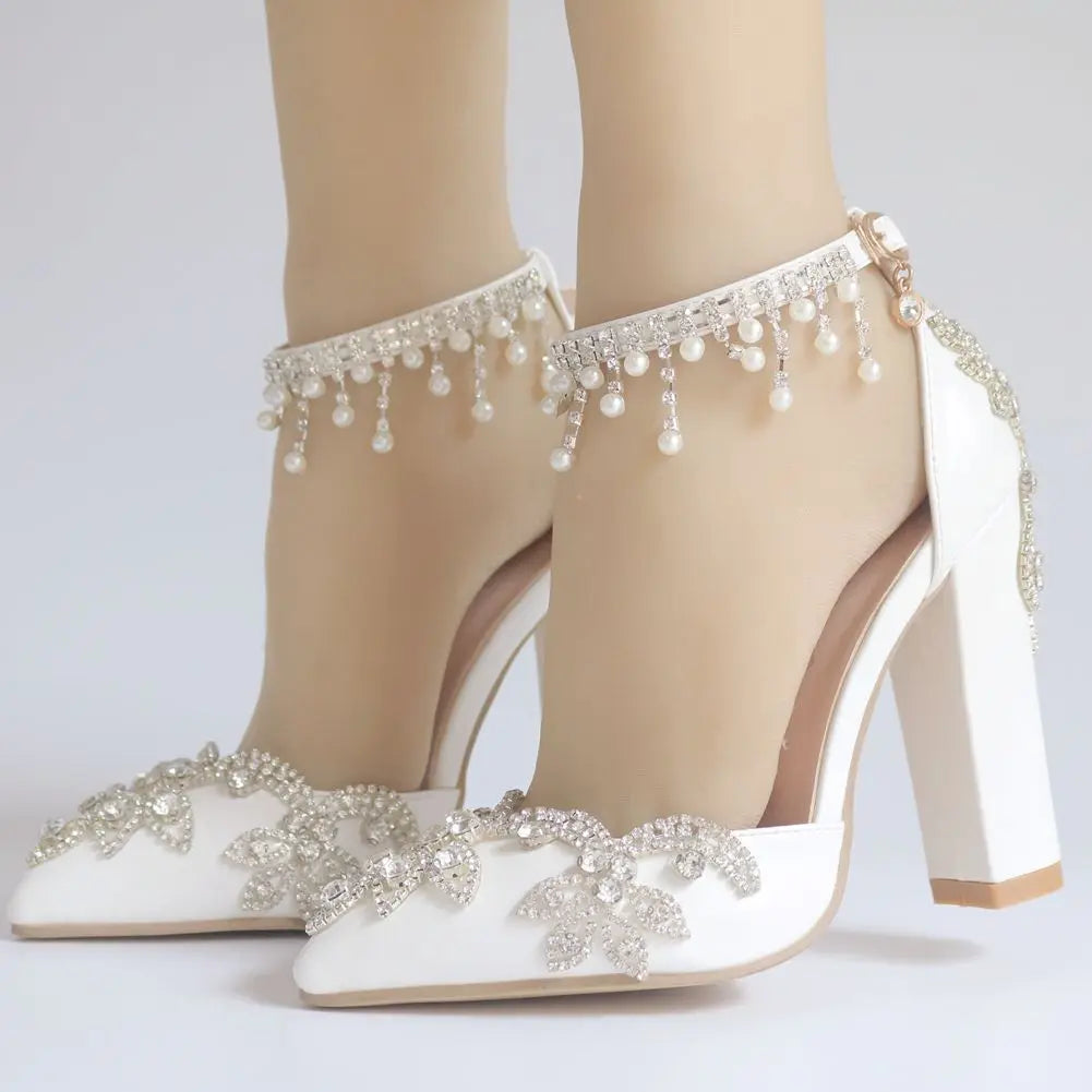 10CM White Pointed Crystal Wedding Shoes Thick Heel Ultra-high Heel Bridal Shoes One-line Buckle Strap Tassel Rhinester Women heels_stiletto