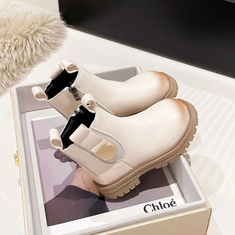 Children Leather Boots Round Toes Versatile Kids Short Boots Korean Style 2025 Autumn New Girls Ankle Boots Soft Bottom Non-slip