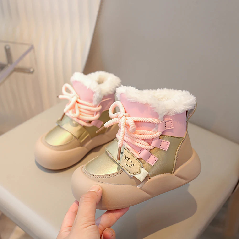 Winter Plush Snow Boots For Children PU Leather Waterproof Cotton Shoes Trend Fashion Teenager Kid's Velvet Boots Winter Shoes