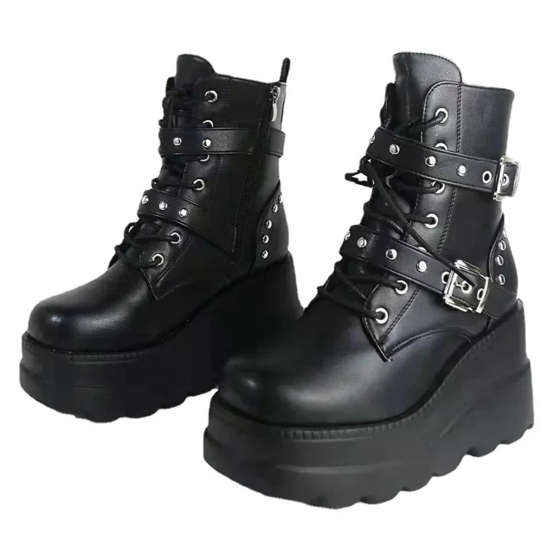 New Women's Pu Leather Ankle Boots Women Autumn Winter Round Toe Lace Up Shoes Woman Motorcycle Platform Botas Gothic Shoes boots_platform