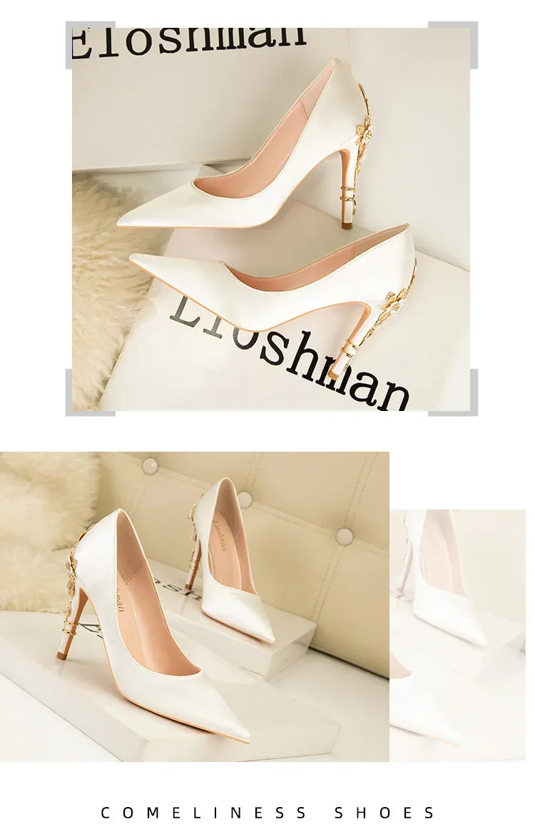Women's Metal Flowers Stiletto High-heel Shoes Female  Light Luxury Sexy Fashion Wedding Shoes Pointed Toe Satin Single Shoes heels_stiletto