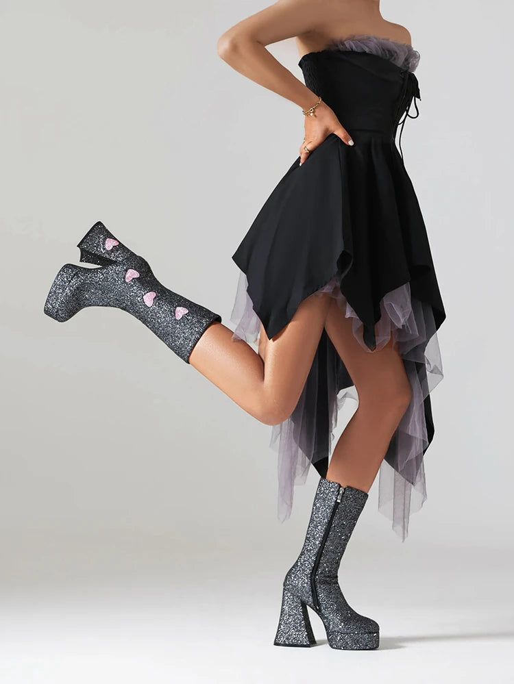 Heart Shaped Sequin Fabric Material Color Block Women's Mid Boots Platform High Shaped Conical Heel Thick Plush Lining Boots boots_platform
