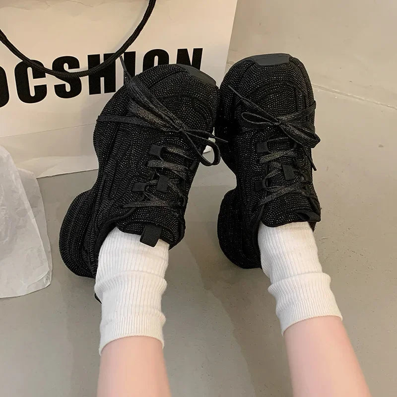 2025 Women's Dad Shoes Sparkling Rhinestone Thick Bottom Casual Sports Flashing Autumn Rubber Sole Non-Over Ankle sneakers_platform