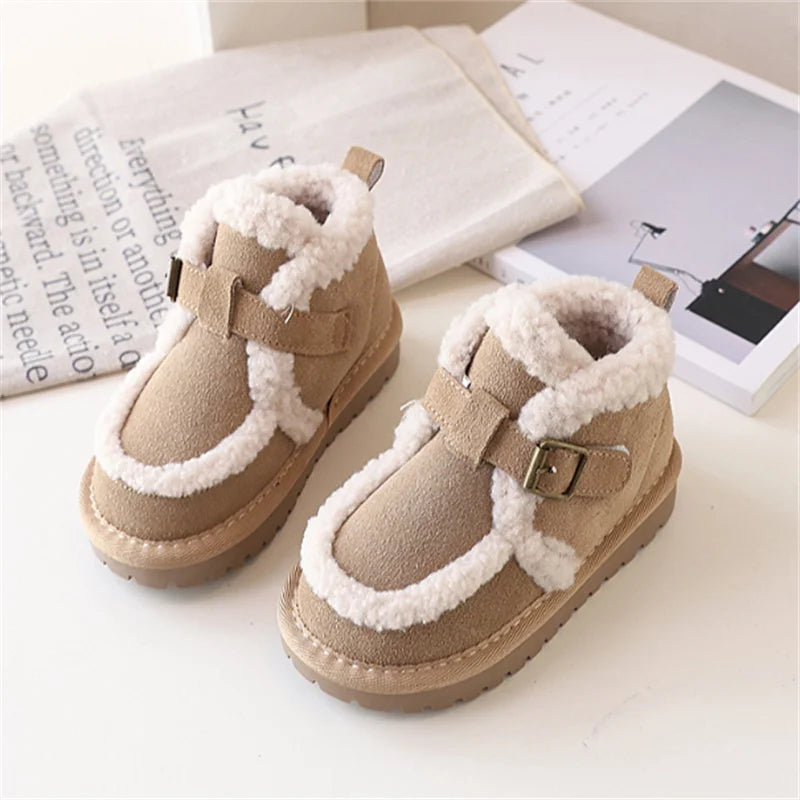 Children's Snow Boots For Girls Leather Warm Plush Fashion Non-slip Toddler Kids Boys Boots EU 21-30 kids_shoes