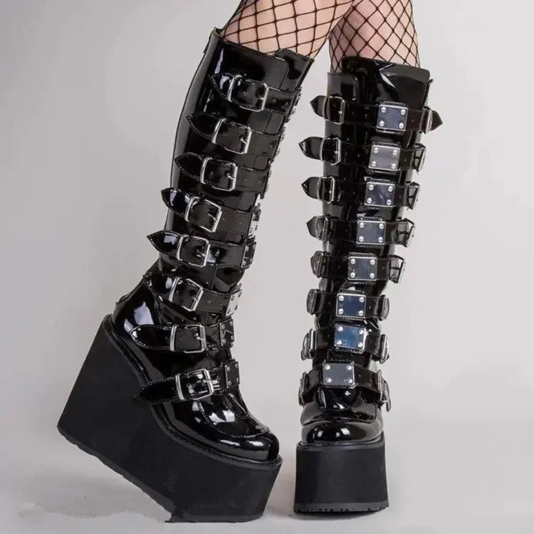 Women Boots Cosplay Ladies High Heel Platform Wedges Women High Boots Gothic Buckle Strap Long Tube Leather Female Boots Plus Si boots_platform