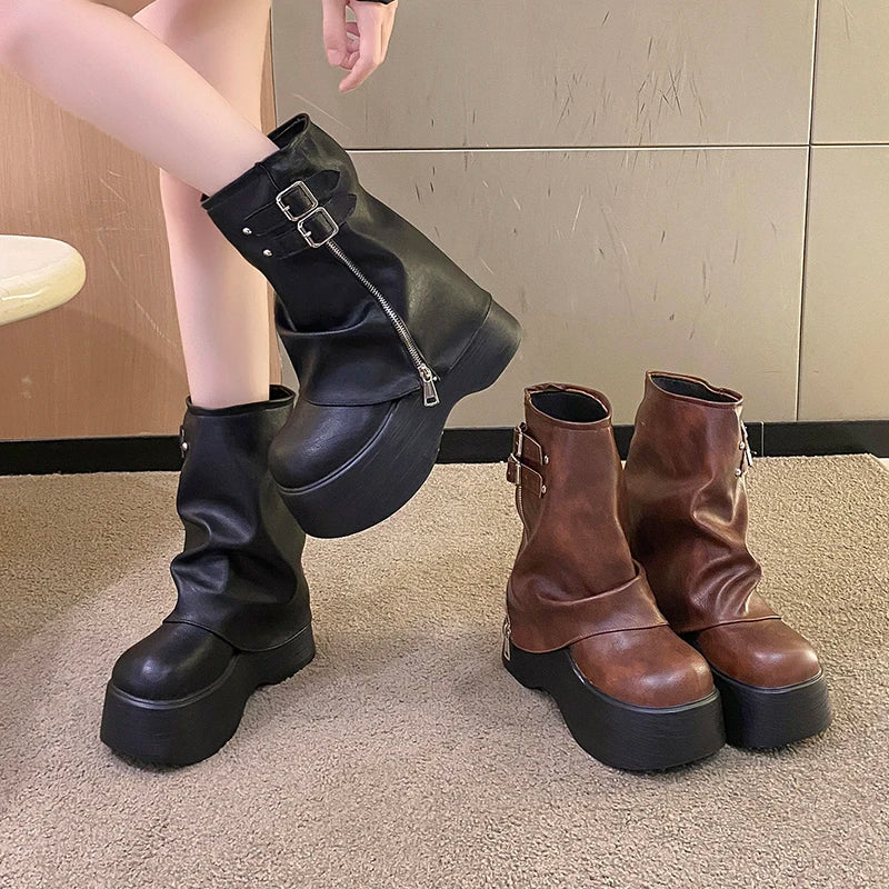 Soft Leather Ankle Mid Calf Boots Winter Autumn High Platform Wedge British Booties Woman New Ladies Chunky Motorcycle Boots 9CM boots_platform