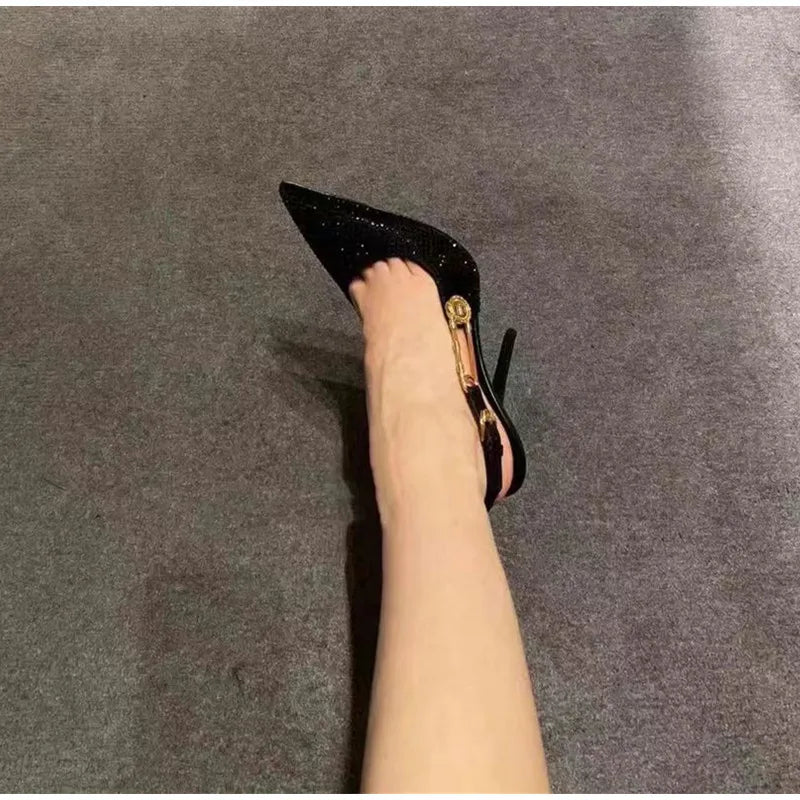 Women Shoes Luxury Rhinestones Sequined Buckle High Heels Elegant Pointed Toe Slingbacks Stiletto Shoes for Women Fashion Shoes heels_stiletto