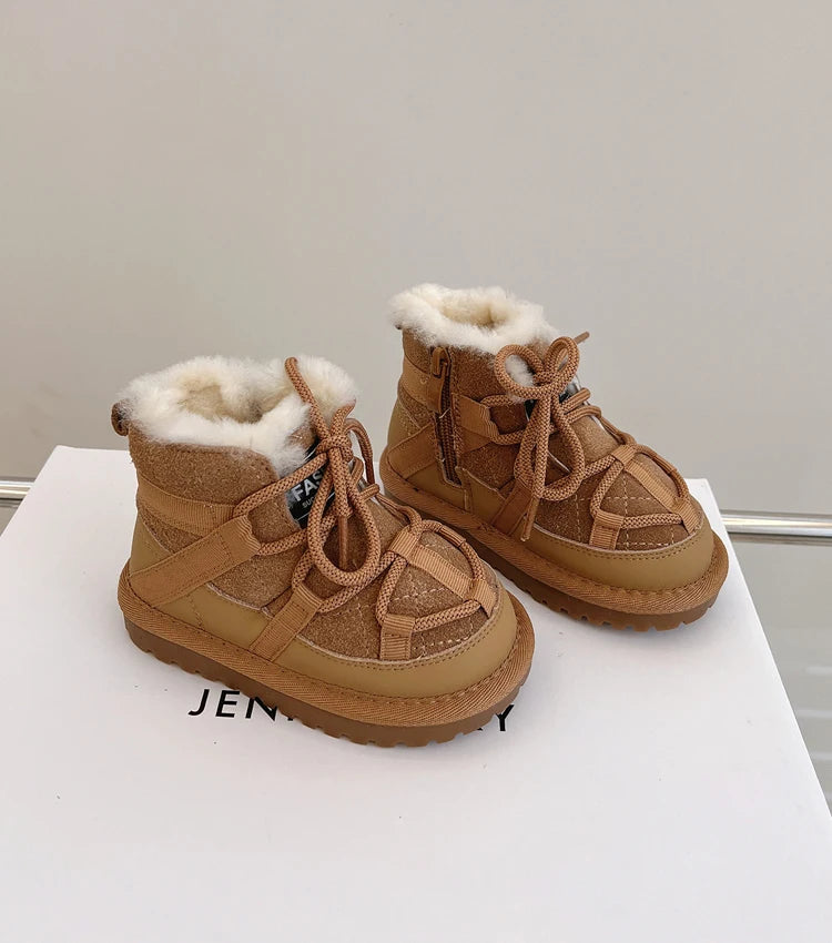 2025 New Winter Children Snow Boots Genuine Leather Warm Plush Toddler Boys Shoes Non-slip Fashion Baby Girls Boots 1-6 Years