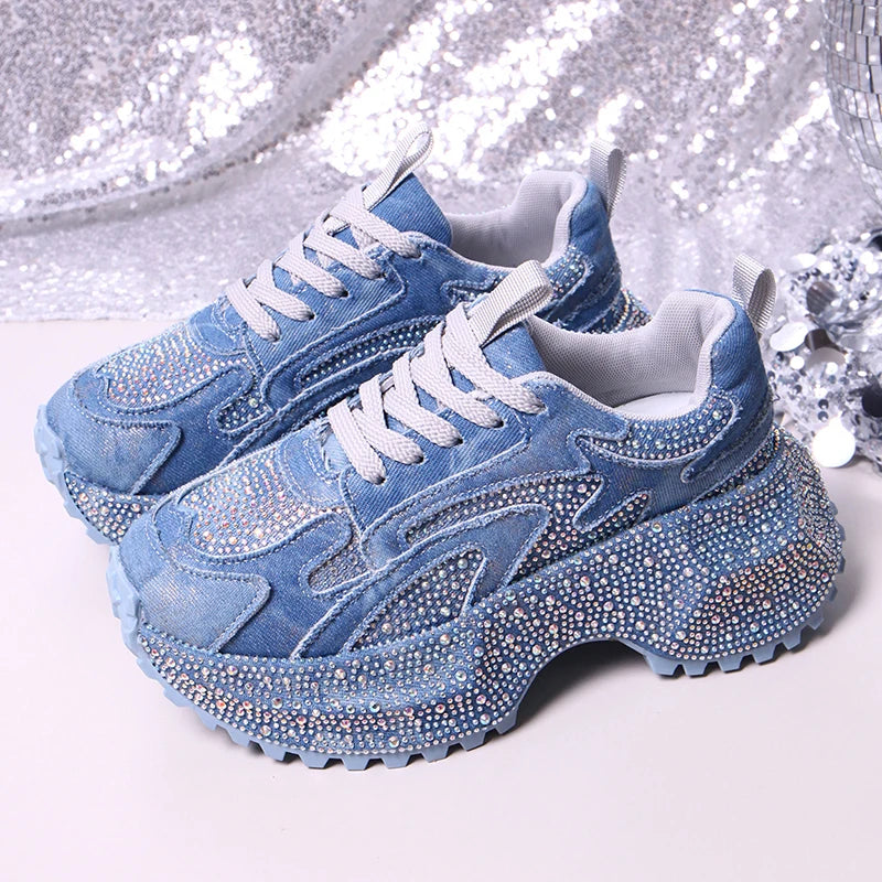 Luxury Rhinestone Chunky Sneakers for Women Fashion Purple Denim Platform Sports Shoes Woman Non Slip Thick Sole Vulcanize Shoes sneakers_platform
