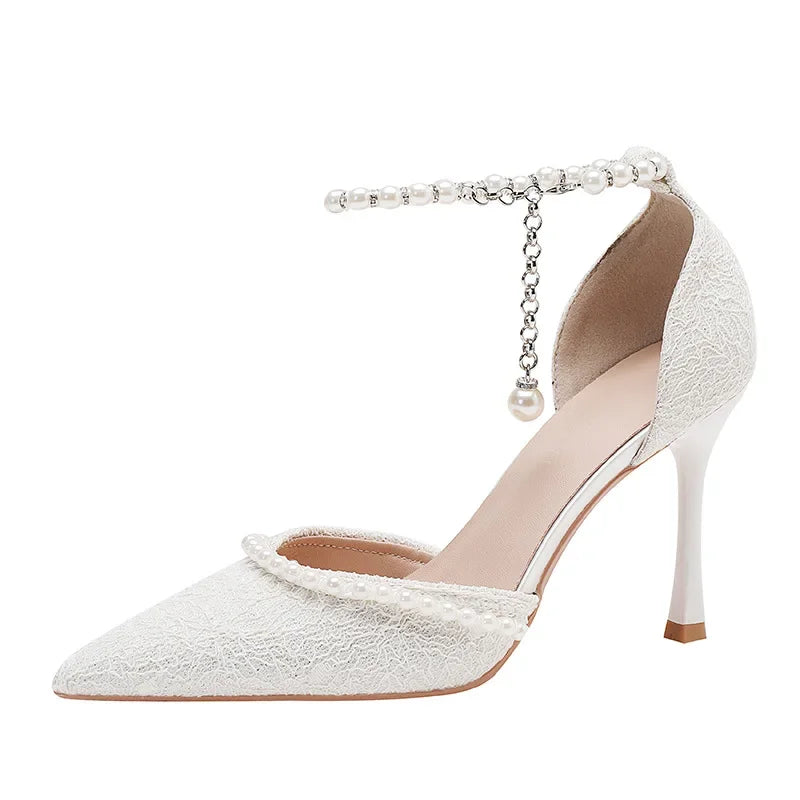 Size 30-44 Pearls Strap High Heels Lace Women White Wedding Shoes Stiletto Heel Point Toe Bride Bridesmaid heels_bridal