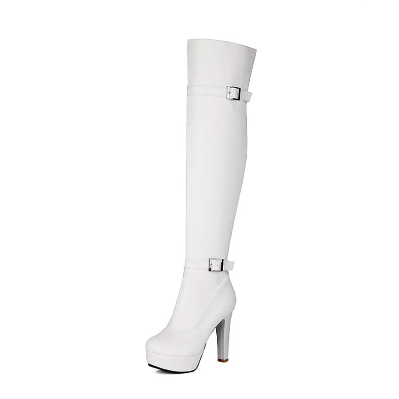 Double Row Metal Belt Buckle Side Zipper Round Toe Platform Ultra-High Thick Heel Over The Knee High Boots New Long Boots boots_platform