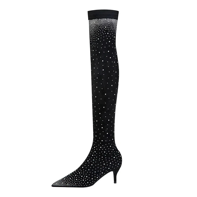 Design Crystal Rhinestone Stretch Fabric Sexy High Heels Sock Over-the-Knee Boots Pointed Toe Pole Dancing Women Shoes boots_highheel