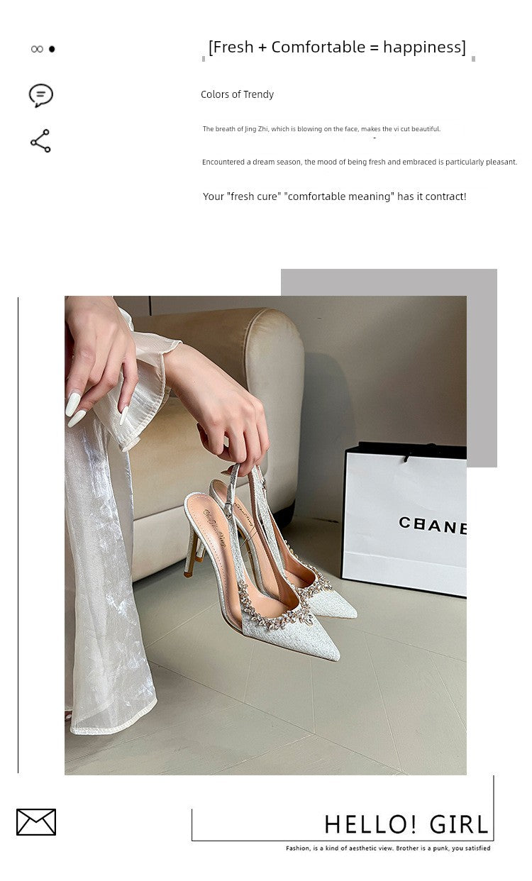 2025 Spring and Summer Pointed Toe Low-Cut Toe Cap Slingback Sandals Women's Stiletto Heel White Beautiful French Rhinestone Classy High Heels heels_bridal