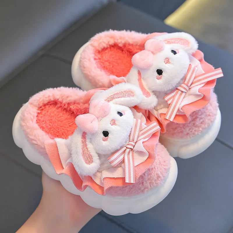 2024 New Winter Children's Cotton Slippers - Cute and Warm Fleece Rabbit Fur Baby's Home Cotton Slippers for Girls kids_shoes
