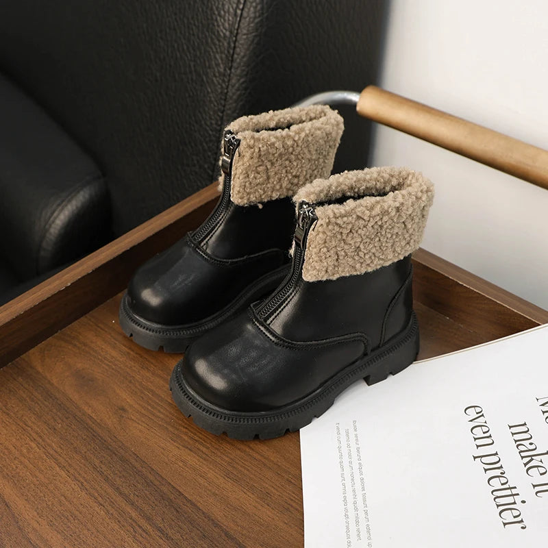 Winter Children's Ankle Boots Warm Simple Toddler Girls Causal Cotton Boots Thick Bottom Trend Kids Fashion Leather Boots Zipper kids_shoes