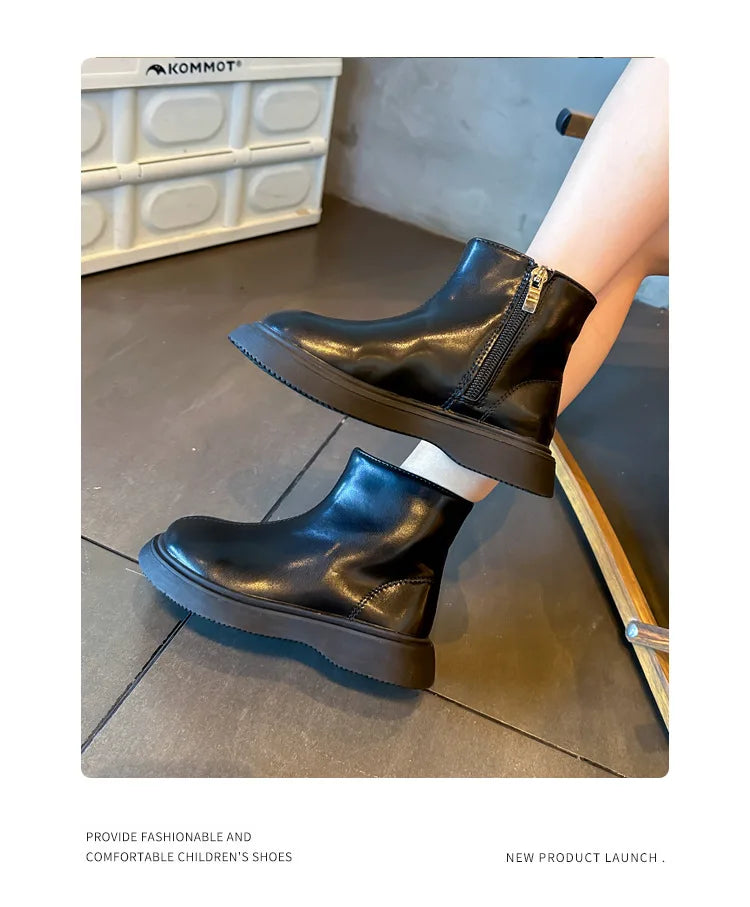 Autumn Winter Children's Boots Fashion Simple Style Girl's Ankle Boot Causal Versatile Black Kid Short Leather Boots Side Zipper kids_shoes