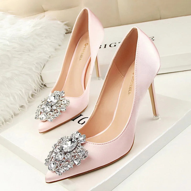 CINESSD Silver Gray Black Women Bridal Wedding Shoes Faux Silk Satin Rhinestone Crystal Shallow Woman Pumps Stiletto High Heel heels_stiletto