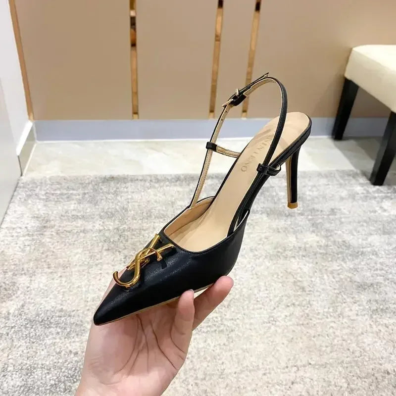 White Elegant Women's Stilettos Summer Fashion Sandals with Metal Buckle Baotou Pointed Back Design 2025 New Ladies' Shoes heels_stiletto