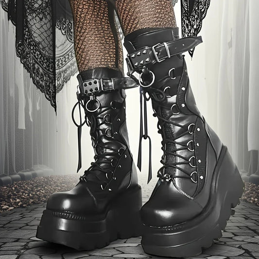 Brand New Ladies Goth Platform Boots Fashion Rivet Buckle Punk Wedges High Heels women's Boots Party Street Cosplay Woman Shoes boots_platform