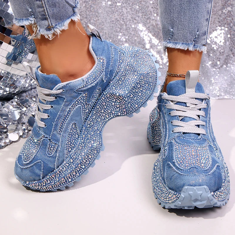 Luxury Rhinestone Chunky Sneakers for Women Fashion Purple Denim Platform Sports Shoes Woman Non Slip Thick Sole Vulcanize Shoes sneakers_platform