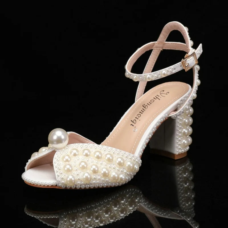 2025 New High Heels Thick Heel Shallow Mouth Women's Pearl Sandals Wedding Shoes Bridesmaid Shoes heels_bridal