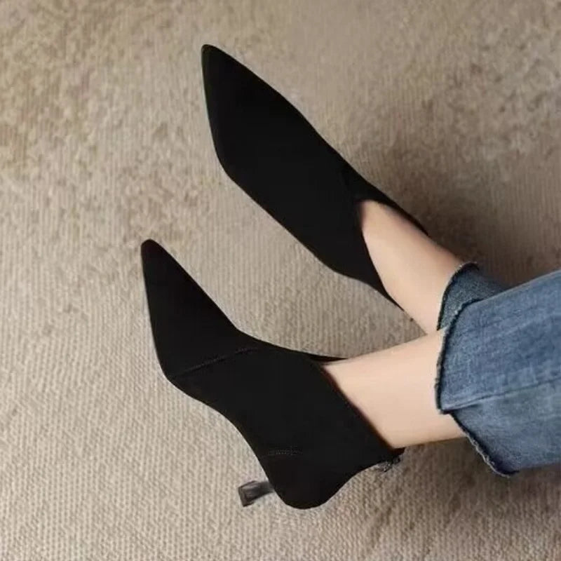 Brown suede short boots 2025 autumn-winter new style pointedtoe lowheeled nude boots with a back zipper large size women's boots boots_highheel