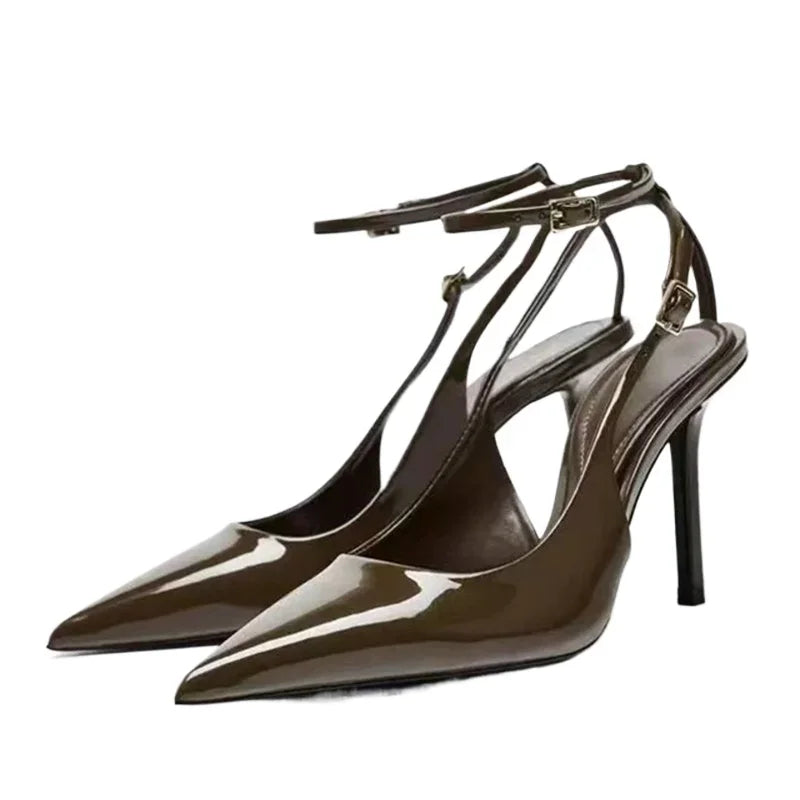 Sexy Pointed Toe Ankle Straps Buckle Women Pumps Patent Leather Slingbacks High Heels Elegant Party Shoe Stiletto Heeled Sandals heels_stiletto