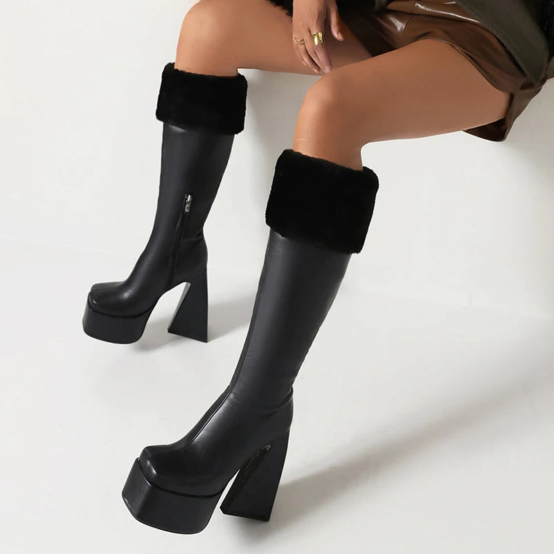 Plus Size Super High Profiled Tapered Heel Faux Fur Turned-Over Edge Warm Winter Snow Boots High Platform Square Toe Knee Boots boots_platform